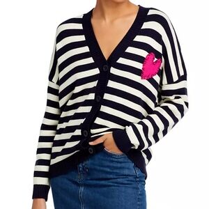 Oversized Navy & Cream Heart Patch Stripe Cardigan- AQUA SZ. XS